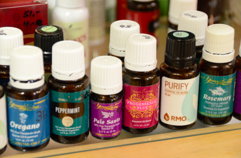 Essential oils on a table at the dayspring spa and wellness center.
