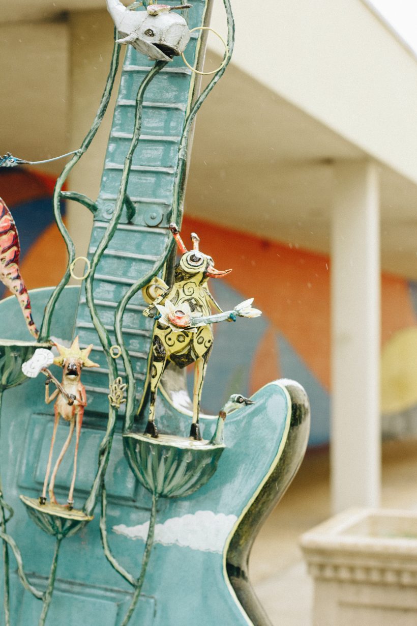 A guitar sculpture outside in Waukesha.