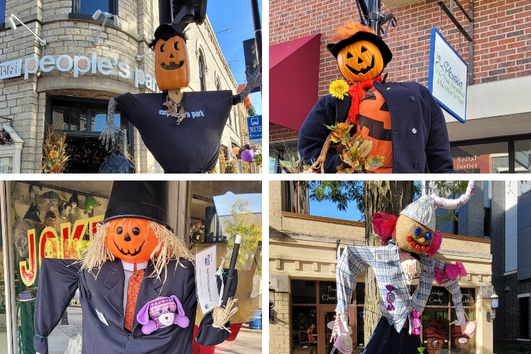 Collage of scarecrows in front of Downtown Waukesha businesses