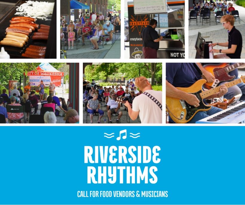 Collage of Riverside Rhythms food and musicians