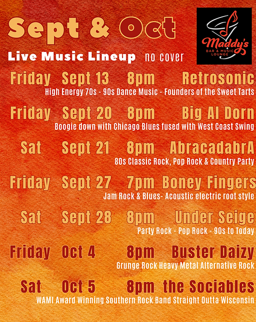 Retrosonic, Live Music Maddy’s Bar & Music Lounge Downtown Waukesha